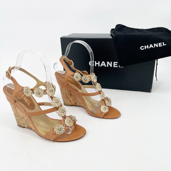Chanel EU 37 2012 Cruise Tan Leather Camellia Flower T-Strap Cork Wedge Sandals - Picture 1 of 16